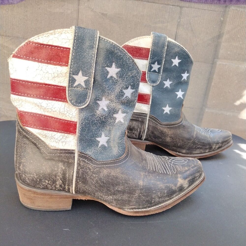 Roper American Beauty Flag Distressed Western Cowboy Boots Ankle-Women's Size 10 - Picture 2 of 10